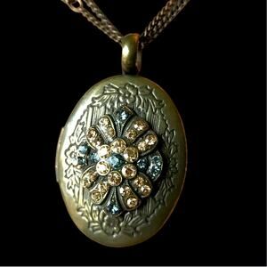Mariana Oval Locket Necklace - antiqued bronze tone, AB Austrian crystals